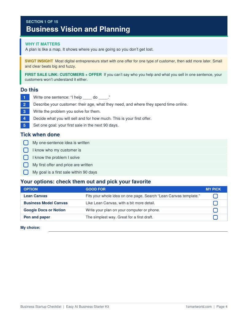 Business startup checklist page